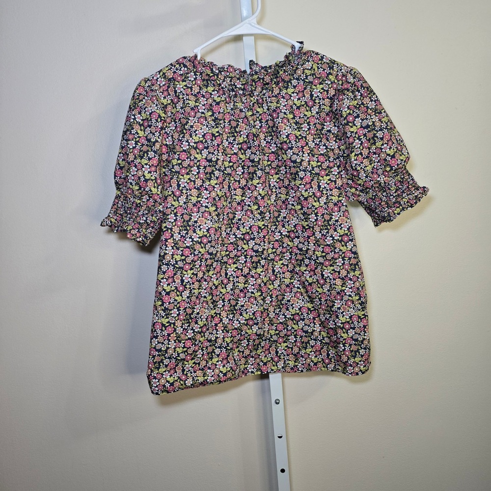 J.Crew Womens Floral Ruffle Neck Blouse Smocked Short Sleeve Navy Pink Medium